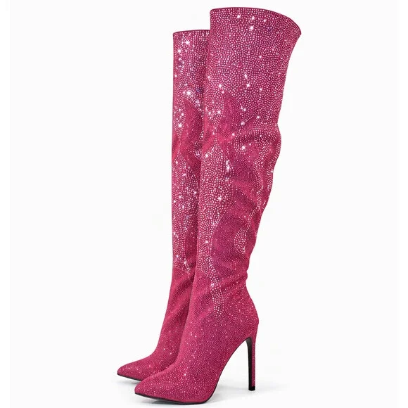 NIB Like It Hot Fuchsia Rhinestone Flame Detail Sexy OTK High Heel Thigh Boots - Picture 4 of 12